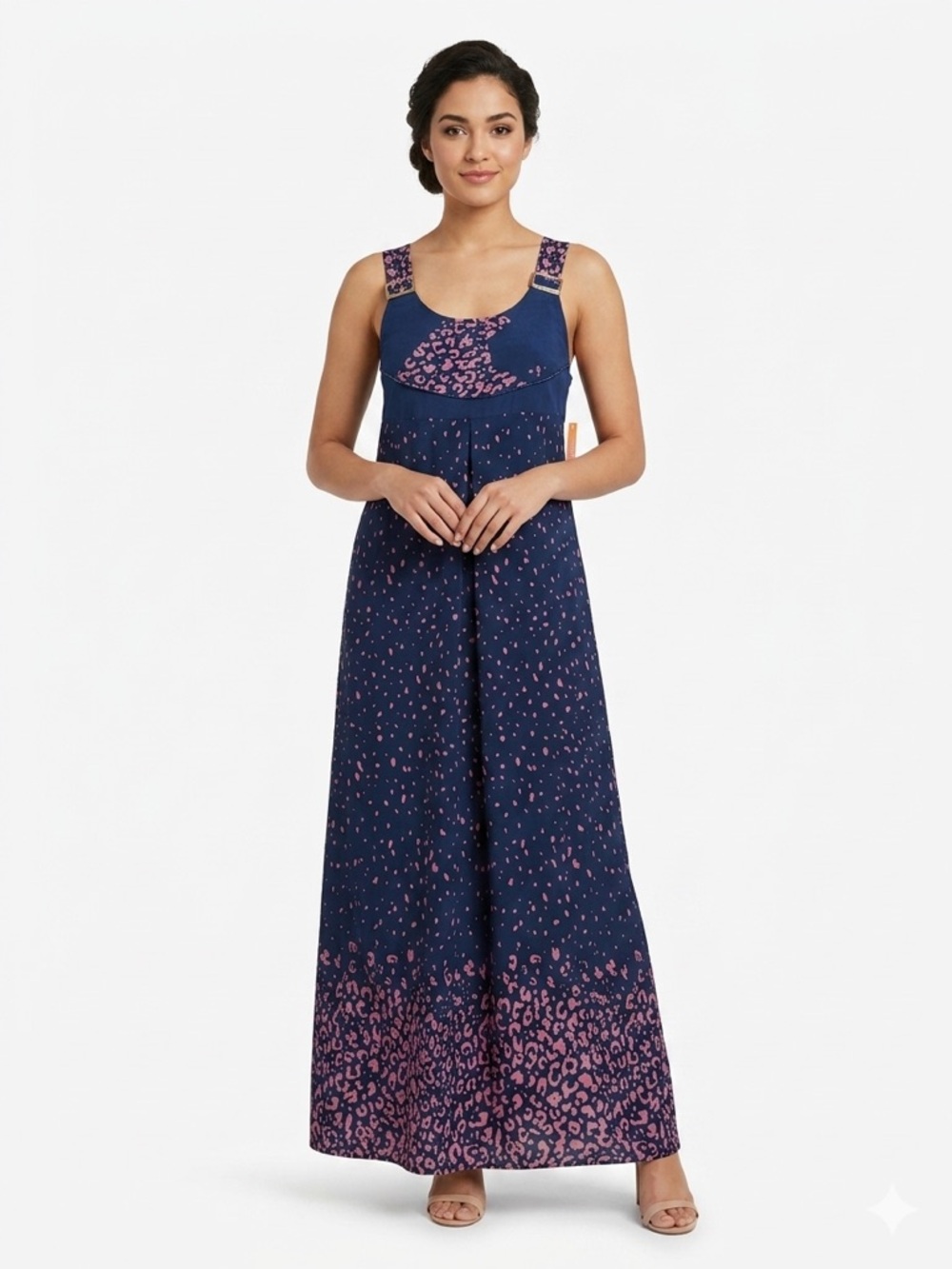 Sleeveless Navy Maxi Dress with Pink Print - Picture 2 of 10